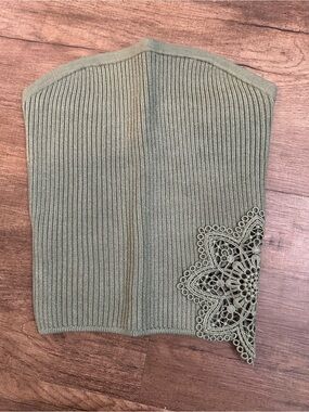 aerie Olive Green Ribbed Off-Shoulder Sweater with Lace Appliqué